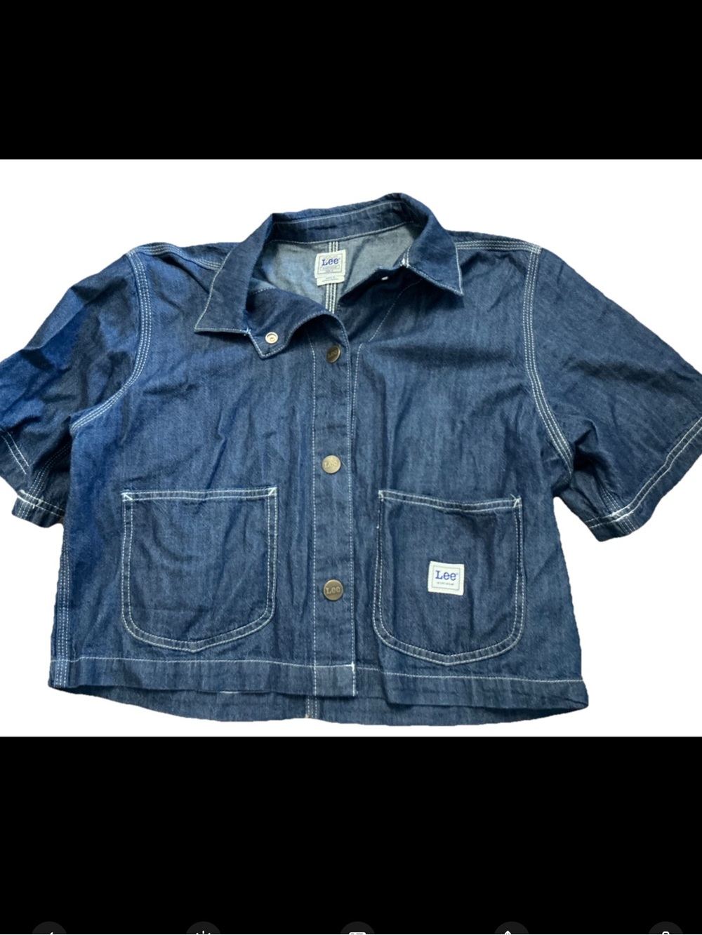 Lee Workwear Cropped Denim Chore Shirt Jacket Medium Dark Utility Button Front
